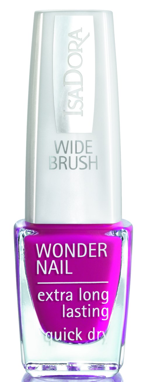 Bright rosa nagellacksflaska med vitt lock, märkt 'WONDER NAIL' och 'extra long lasting quick dry.'
