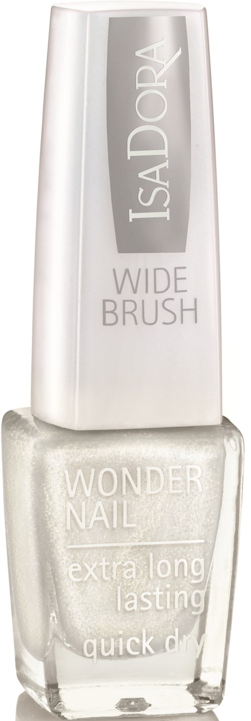 Biała butelka lakieru do paznokci z napisem Isadora Wide Brush Wonder Nail, trwała, szybkoschnąca.