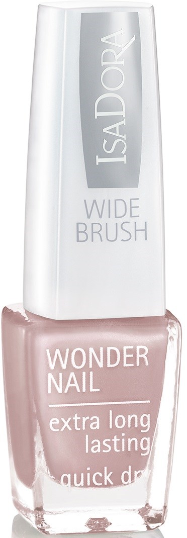 Pojemnik lakieru do paznokci z napisem 'Wonder Nail' w różowym kolorze i białą nakrętką. Marka Isadora jest na górze.