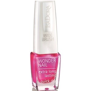 En rosa nagellackflaska med silverlock och märkt "Wonder Nail" för långvariga, snabbtorkande naglar.