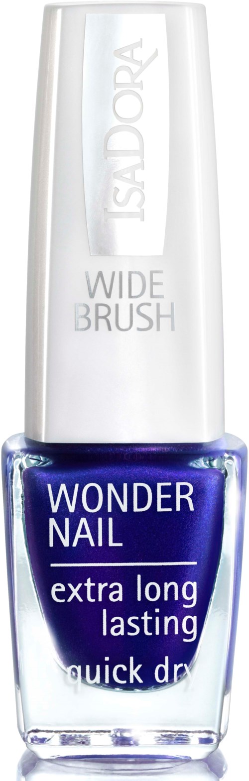 En flaska nagellack från Wonder Nail med lila färg, vitt lock och etikett som visar funktioner som "extra long" och "quick dry."