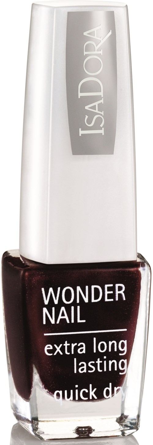 Butelka lakieru do paznokci w ciemnoczerwonym kolorze z białą zakrętką. Logo Isadora Wonder Nail na butelce.