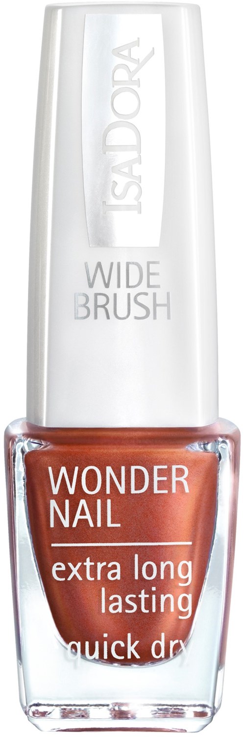 Butelka lakieru do paznokci z białą nakrętką i brązowym lakierem. Napisano "Wonder Nail" i "extra long lasting".