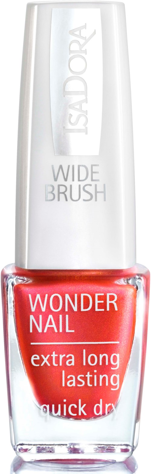 En flaska IsaDora Wonder Nail nagellack, extra lång hållbarhet, i en korallröd nyans.