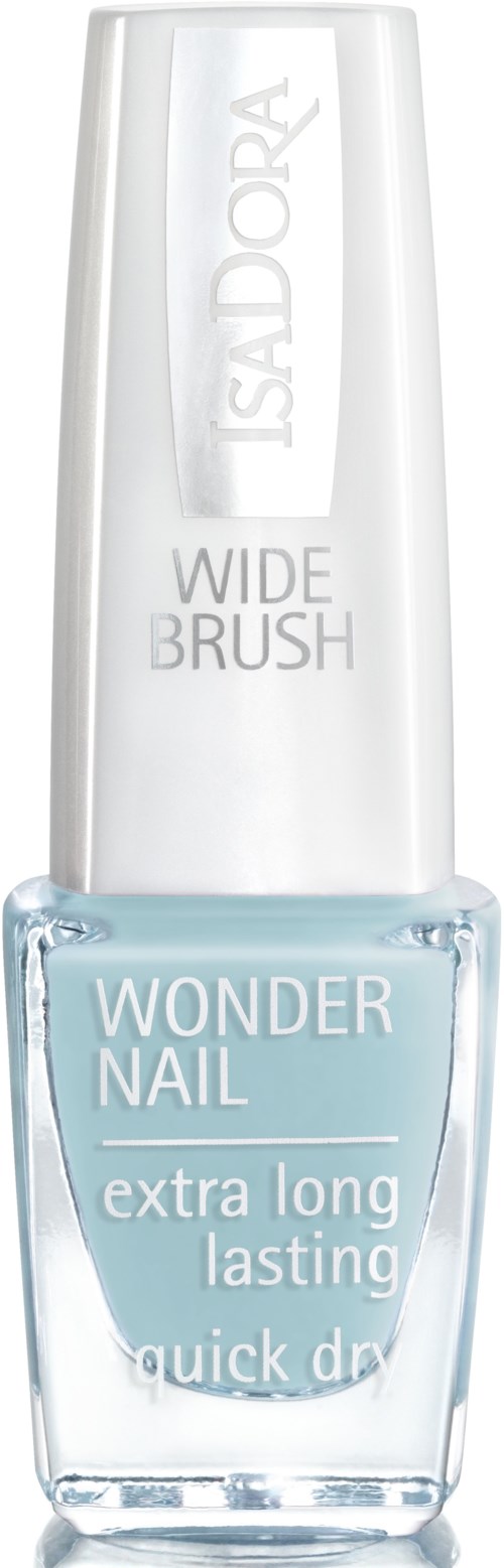 En flaske neglelakk fra Isadora Wonder Nail, lys blå farge, med bred børste for enkel påføring.
