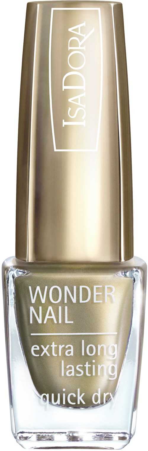 En genomskinlig nagellacksflaska med guldlock märkt 'Wonder Nail' och 'Isa Dora', med ett långt hållbart, snabbtorkande formula.