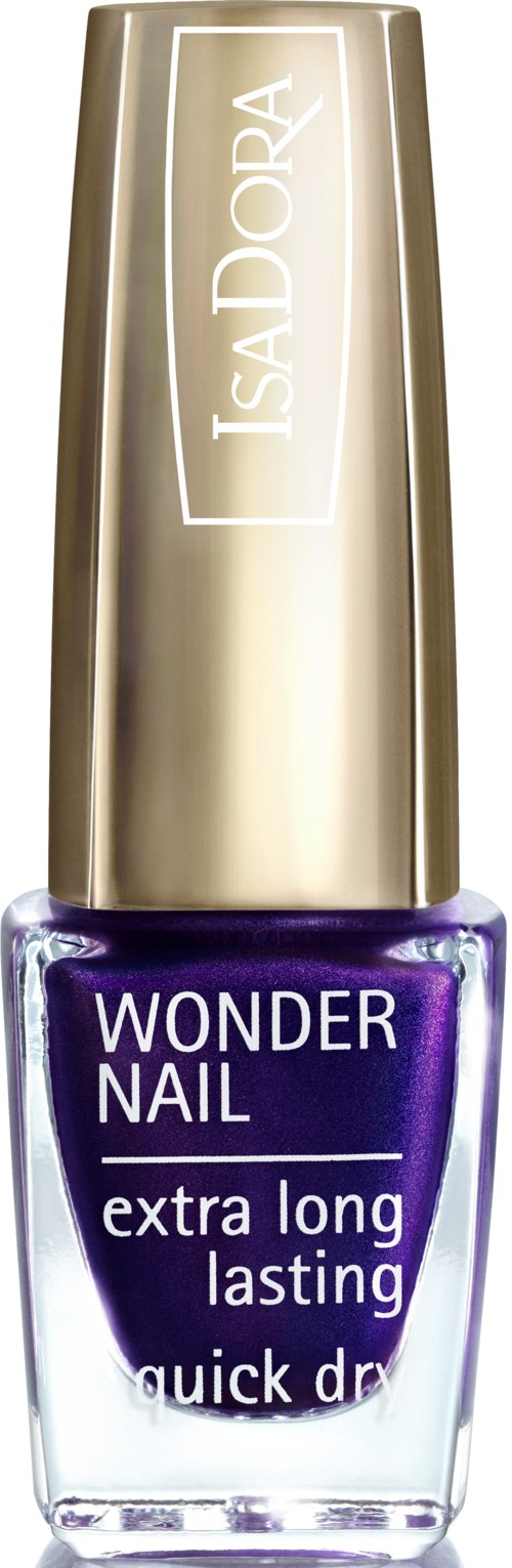 Fioletowy lakier do paznokci w szklanej butelce z złotym capem z napisem 'Wonder Nail extra long lasting.'