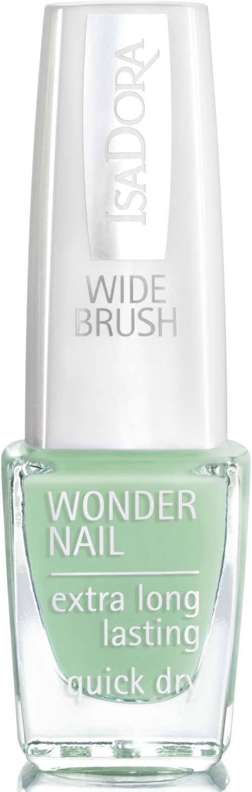 Butelka zielonego lakieru do paznokci z białą zakrętką, oznaczona Wonder Nail, Extra Long Lasting, Quick Dry.