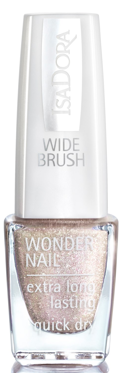 Przezroczysta butelka lakieru do paznokci z białą zakrętką, oznaczona Wonder Nail Extra Long Lasting Quick Dry.