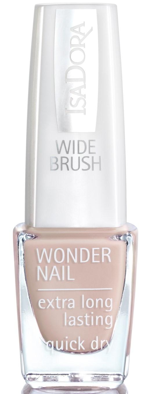 En klar nagellackflaska med vit och rosa text, märkt 'Isadora Wonder Nail, extra long lasting, quick dry.'