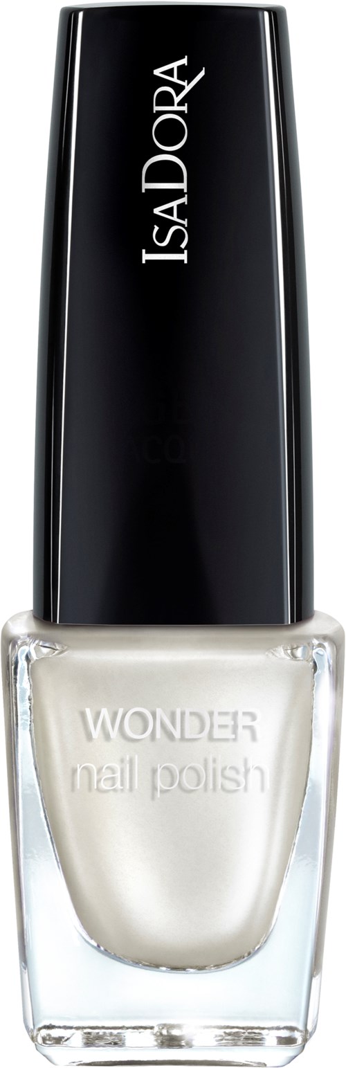 A bottle of IsaDora Wonder nail polish, with a black cap and clear glass showing white polish inside.