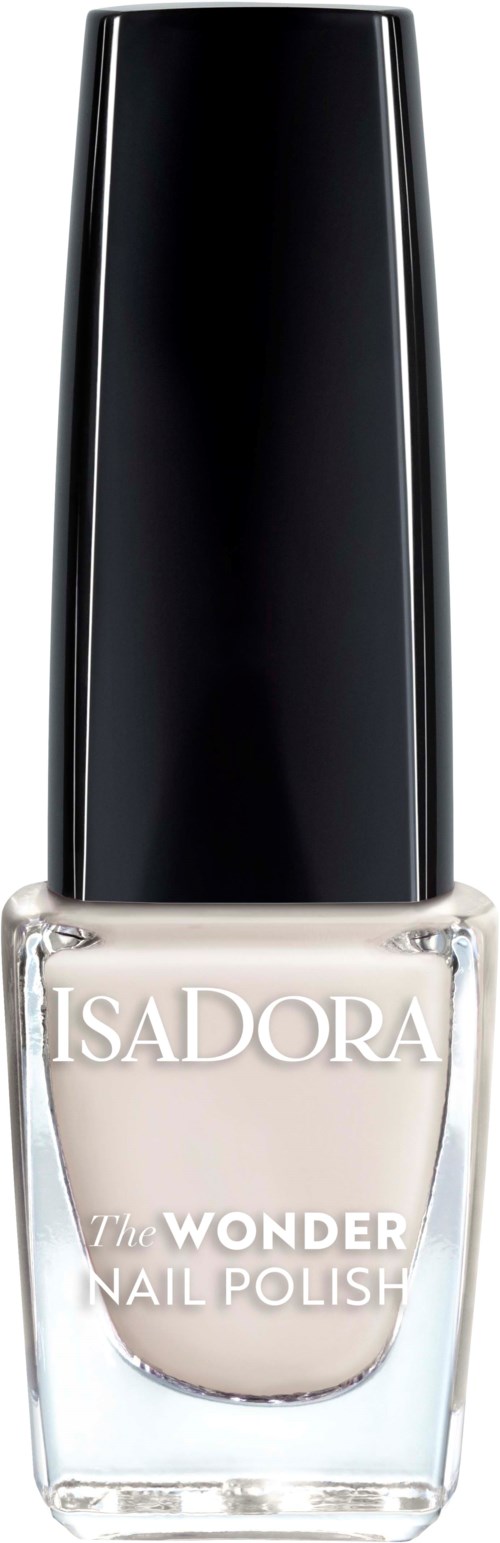 En klar glasflaska med Isadora Wonder Nail Polish med svart lock och vit nagellack inuti.