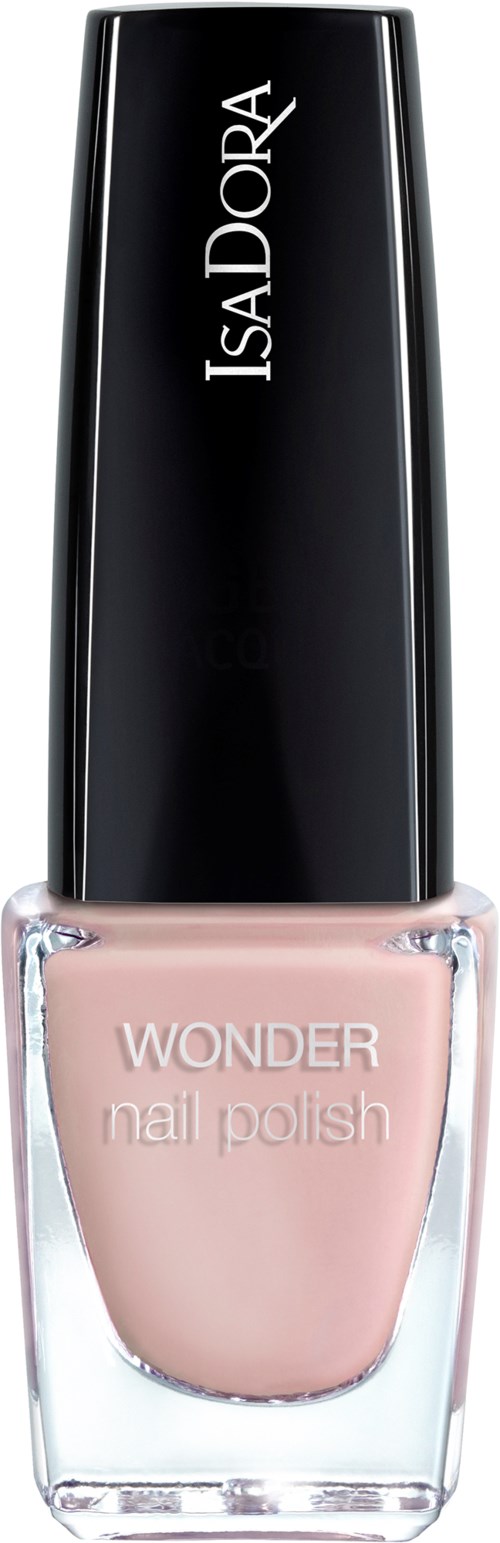 En flaska IsaDora Wonder nagellack i ljusrosa färg med svart lock.