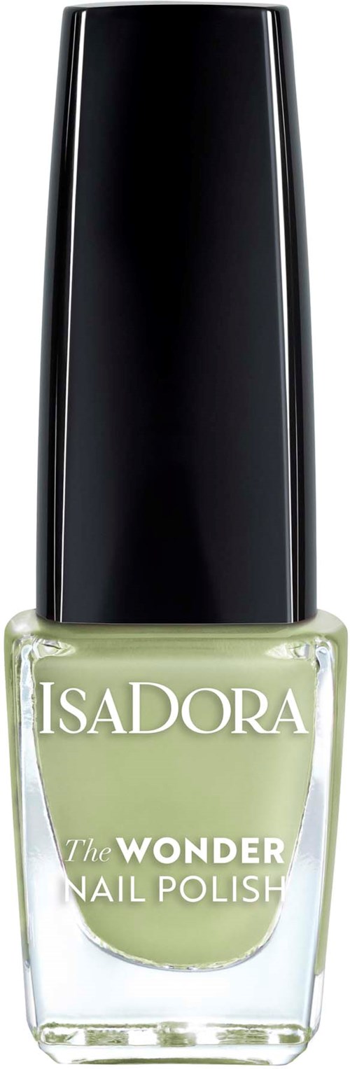 En flaska nagellack från Isadora Wonder i ljusgrön färg med svart topp.