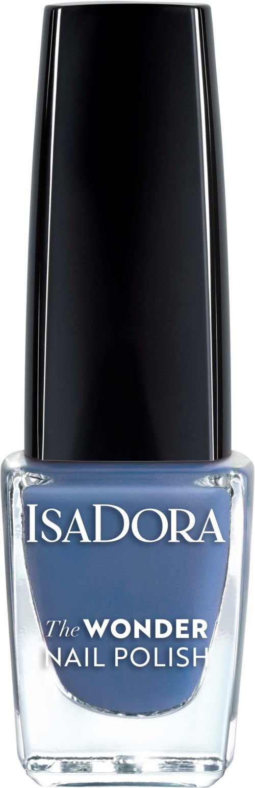 En flaska med Isadora Wonder Nail Polish i blå färg med en svart lock.