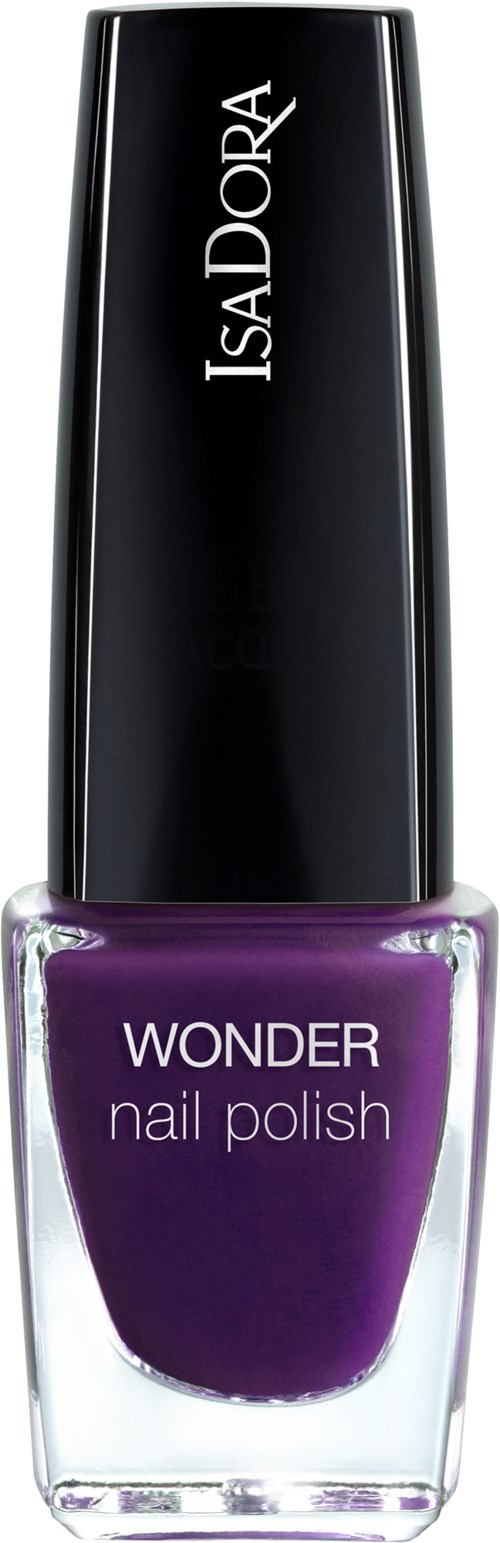 En nagellackflaska i lila med svart och silverlock, märkt 'WONDER' och 'ISA DORA'.