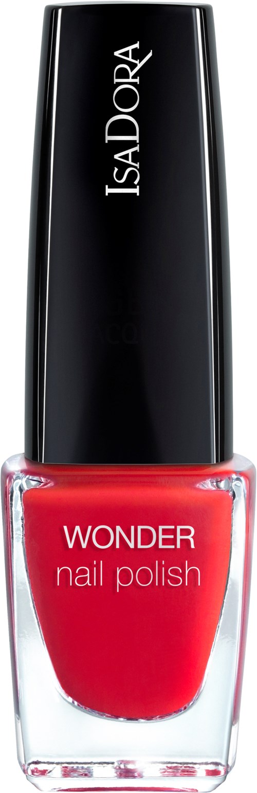 Röd nagellack i en genomskinlig flaska med svart lock, märkt 'WONDER' av IsaDora.
