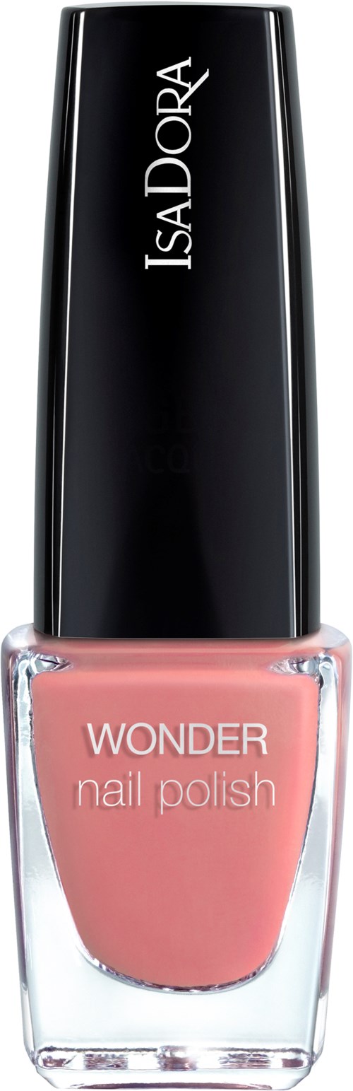 En rosa nagellackflaska med svart lock, märkt "Wonder nail polish" och "IsaDora."