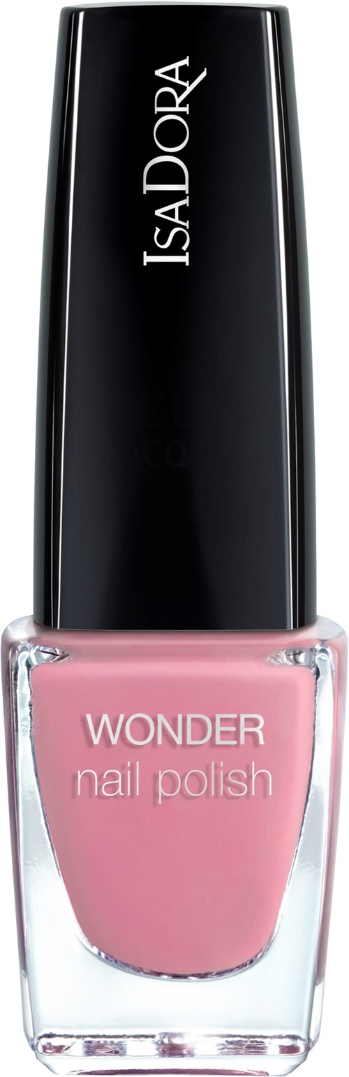 Rosa nagellack i en genomskinlig flaska med svart lock. Varumärket är IsaDora.