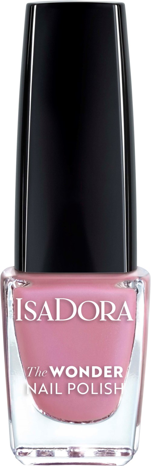 En rosa nagellackflaska med svart lock, märkt 'Isadora The Wonder Nail Polish.'