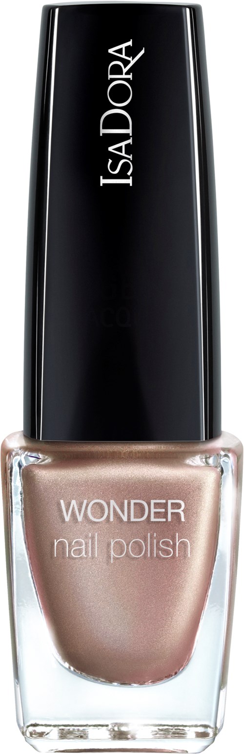 En flaska IsaDora Wonder nagellack med en glänsande svart lock och ljusbeige färg.