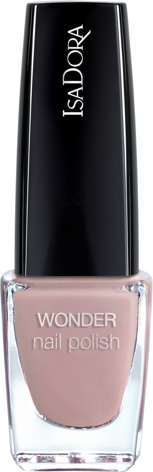 En flaske IsaDora Wonder Nail Polish, lysepudder rosa med svart hette, på hvit bakgrunn.