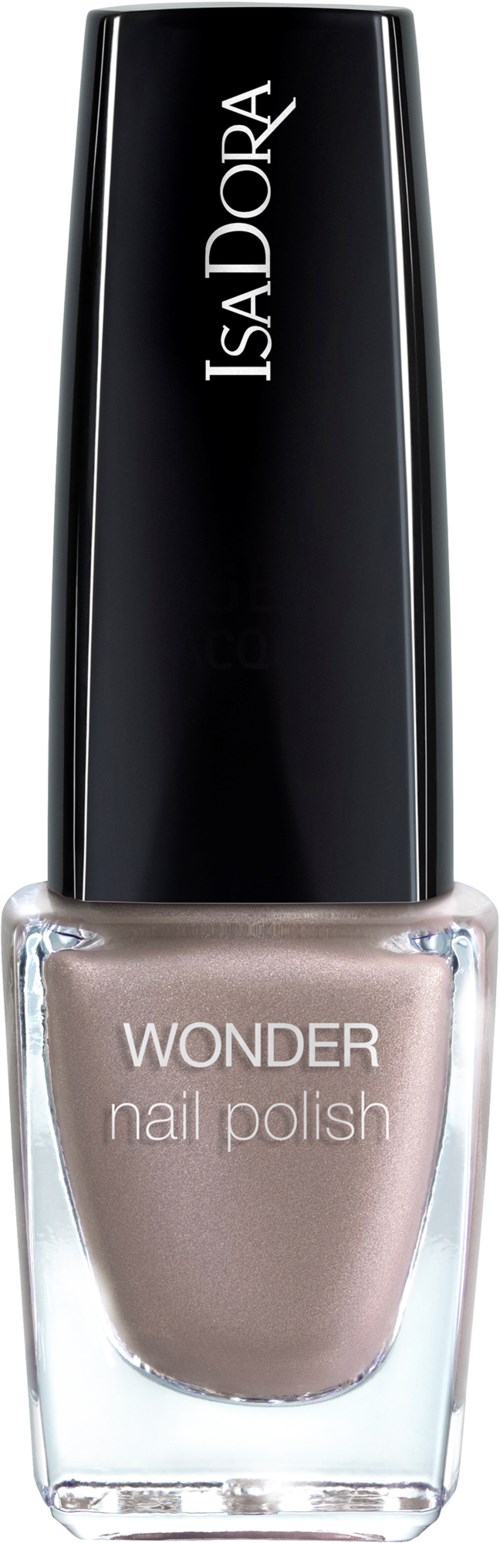 En flaska IsaDora Wonder nagellack i beige färg med svart lock och silver bokstäver.