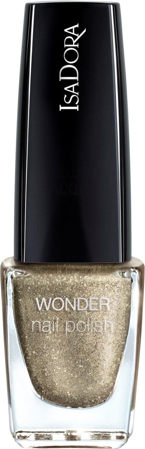En flaska IsaDora Wonder nagellacksfärg i ljus, glittrig guldnyans med svart lock.
