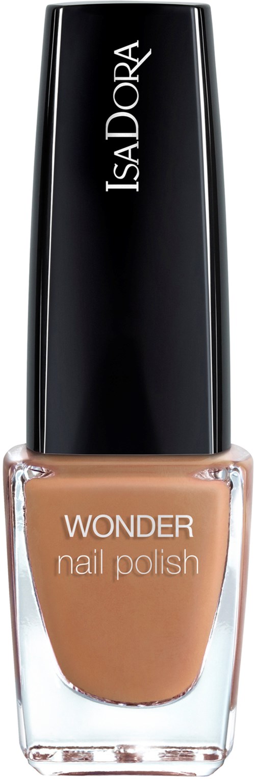 En nagellackflaska med svart lock och beige färg, märkt 'Wonder' och 'IsaDora'.