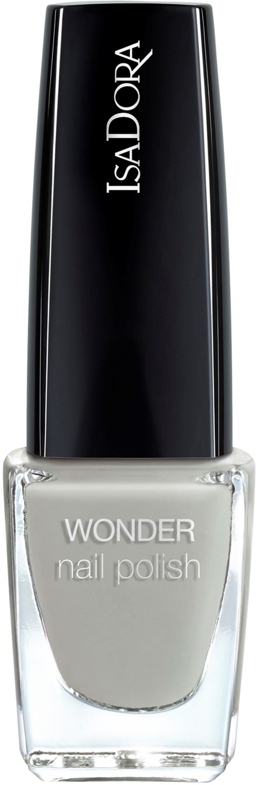 En nagellackflaska märkt 'Wonder' med ett svart lock och ett genomskinligt glas, innehållande grått lack.