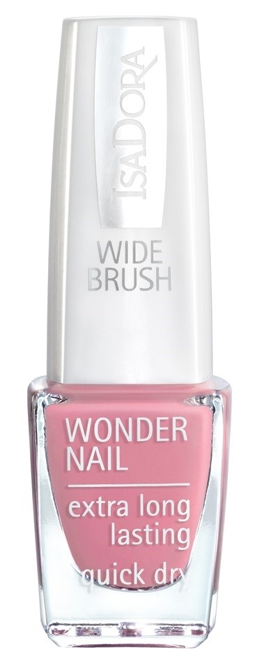 Różowa butelka lakieru do paznokci z białym tekstem, oznaczona 'Wonder Nail', 'extra long lasting' i 'quick dry'.