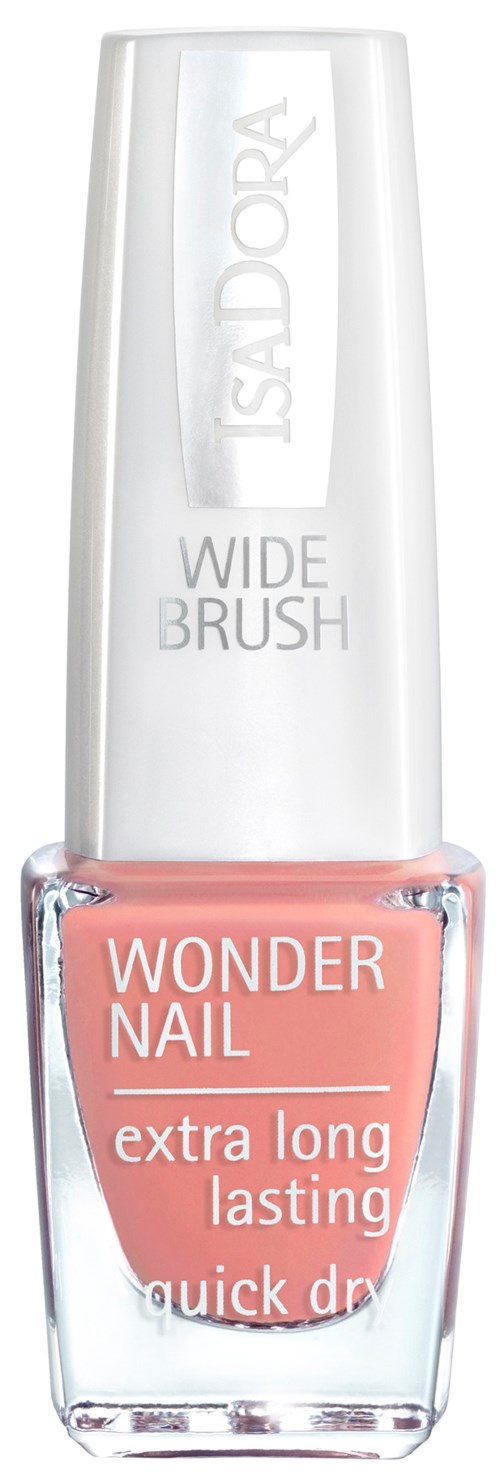 Butelka lakieru do paznokci z brzoskwiniowym lakierem, białą zakrętką i marką Isadora. Etykieta mówi „Wonder Nail” i „extra long lasting.”