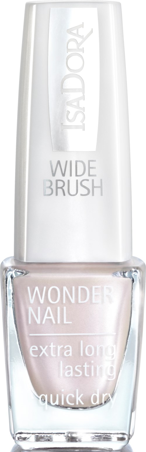 Przezroczysta butelka lakieru do paznokci z białą zakrętką, oznaczona "ISADORA", "WIDE BRUSH" i "WONDER NAIL".