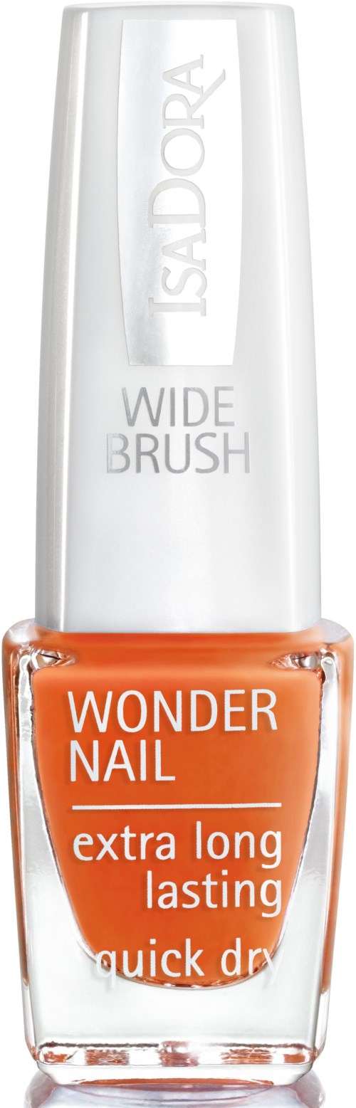 Butelka pomarańczowego lakieru do paznokci oznakowana 'Wonder Nail', 'extra long lasting' i 'quick dry'.