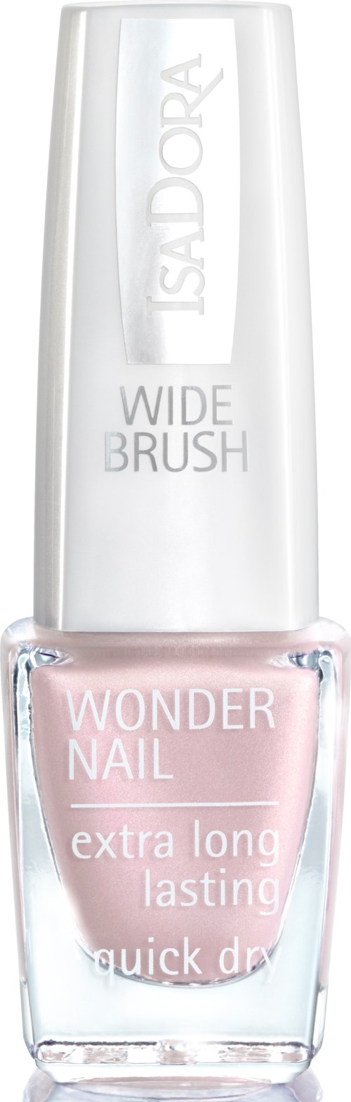 Obraz przedstawia przejrzystą butelkę lakieru do paznokci z napisem 'Isadora Wonder Nail', z różowym odcieniem i białą nakrętką.