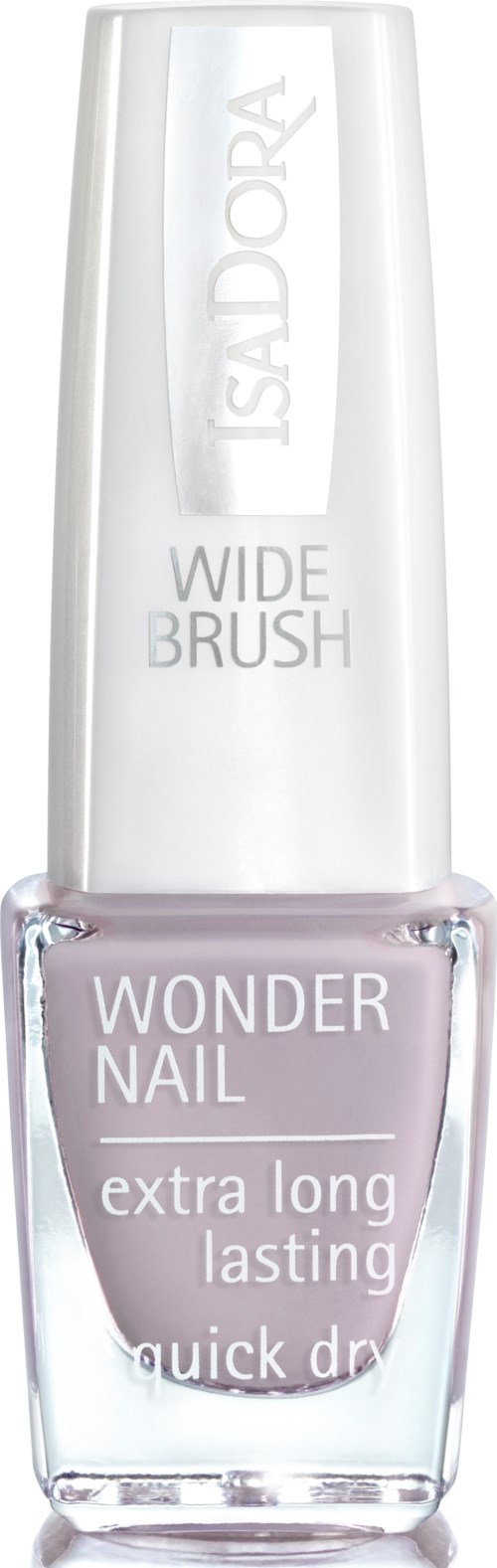 En klar flaska med IsaDora nagellack i lavendelfärgad nyans, märkt 'Wonder Nail, extra long lasting, quick dry.'