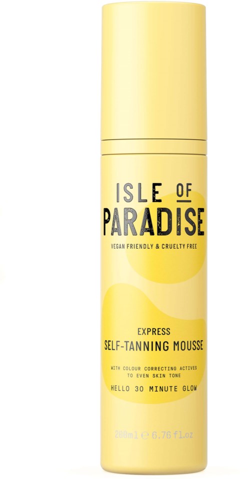 Yellow canister of Isle of Paradise self-tanning mousse, labeled 'Express,' with golden accents and black text.