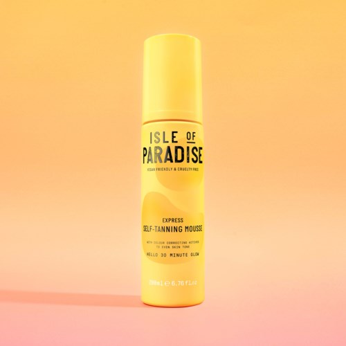 Yellow spray can with black and white text, labeled 'Isle of Paradise.'