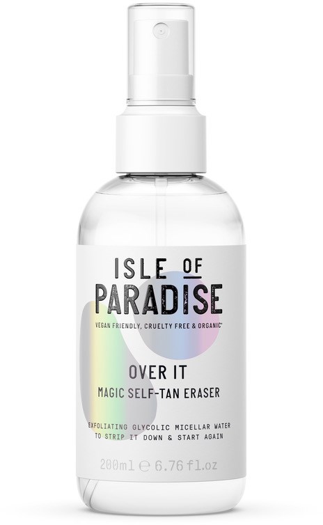 En klar sprayflaska märkt 'Isle of Paradise' med färgglad design, som påstår sig vara en självbruningsborttagare. 200ml.