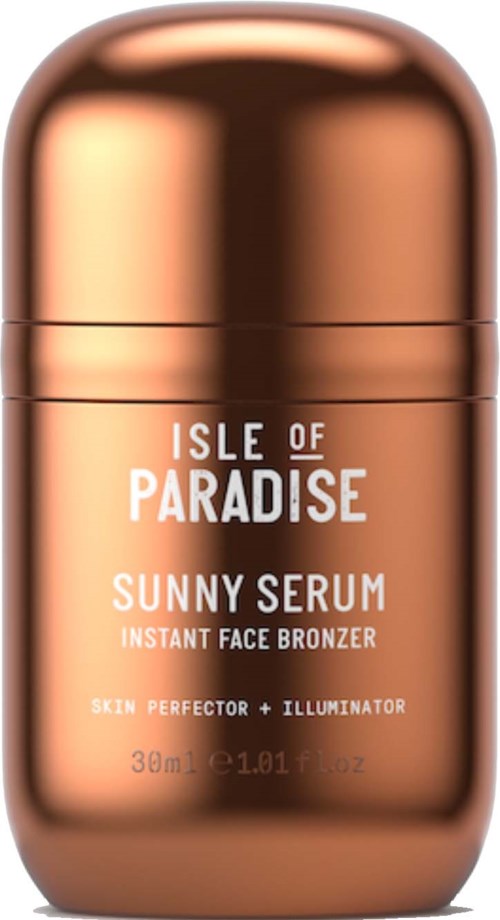 A copper-colored container with the words Isle of Paradise Sunny Serum on it, used for face tanning. Compact and shiny.