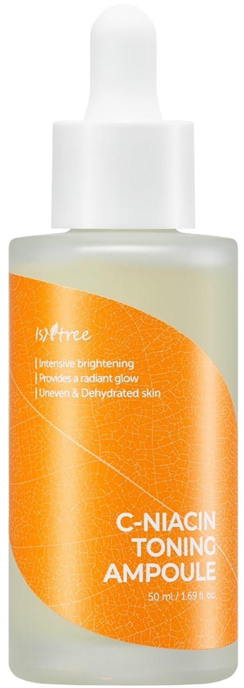 A bottle with a dropper cap, orange and white label showing skin benefits, called C-Niacin Toning Ampoule.