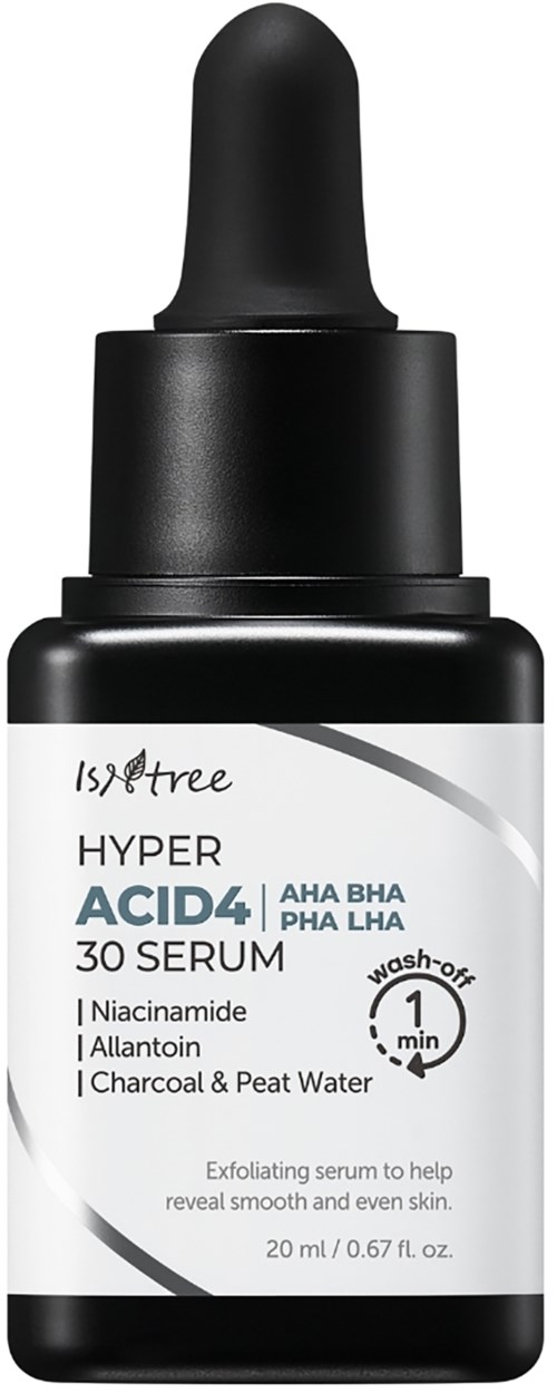 En svart flaske med pipettlokk, merket Isntree Hyper Acid 4 serum for hudfjerning.