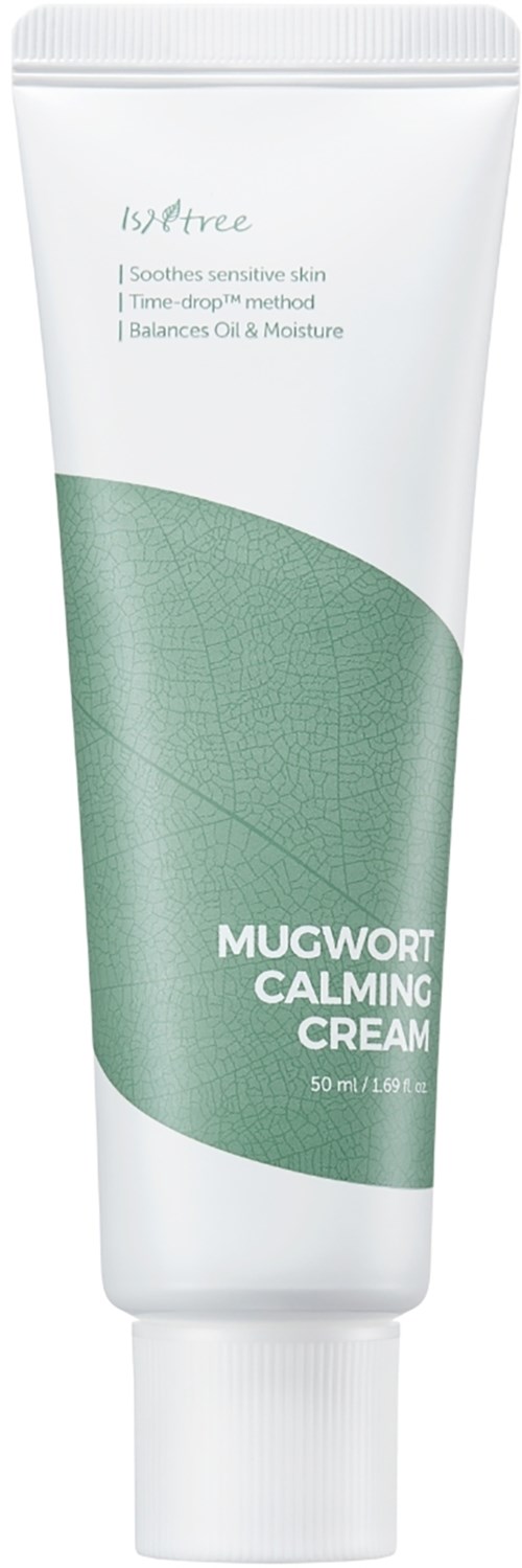 Tubes med Mugwort Calming Cream i grønt og hvitt emballasje, sier å roe sensitiv hud.