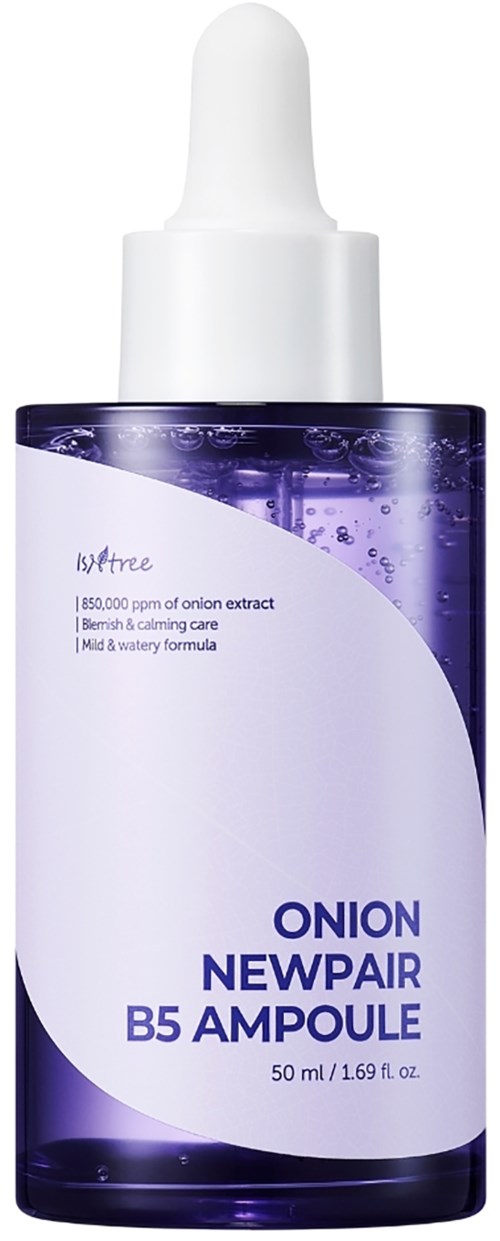 Purple and white bottle with dropper, labeled 'Onion Newpair B5 Ampoule', 50 ml. It contains onion extract for skin care.