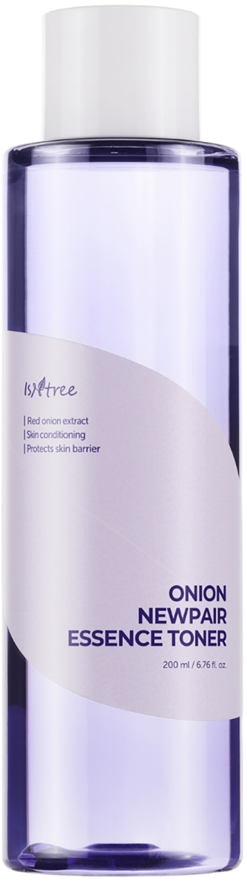 A tall, transparent bottle with a white cap. It is labeled Onion Newpair Essence Toner, 200 ml.