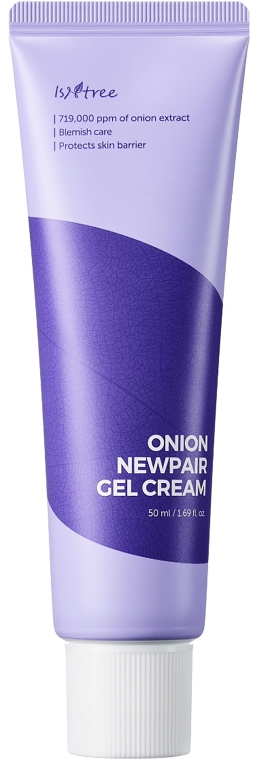 Lila Tube mit Zwiebel-Gelcreme, weiße Kappe, Vorteile und Inhaltsstoffe auf Etikett, 50 ml.