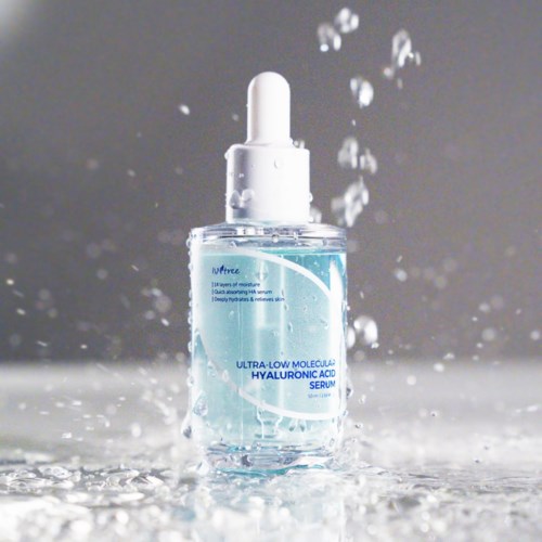 Clear hyaluronic acid serum bottle with a dropper, surrounded by water splashes.