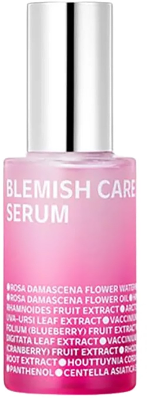 Rosa serumflaske med sølvlokk, merket "Blemish Care Serum" og ingrediensliste.