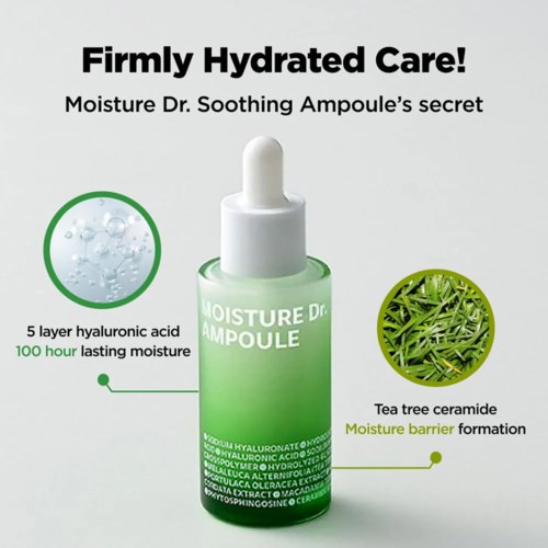 Et hudpleieprodukt med pipette, som fremmer hydrering og beroligende fukt, inneholder hyaluronsyre og tee tree ceramide.