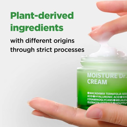 Teksten beskriver plantebaserte ingredienser i en fuktighetskrem og deres naturlige opprinnelsesprosesser.